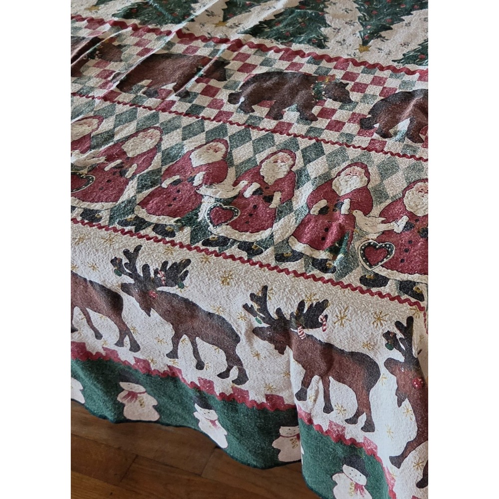 Vtg Oval 53x67 Tablecloth Rustic Christmas Moose Bear Primative Cabin Retro